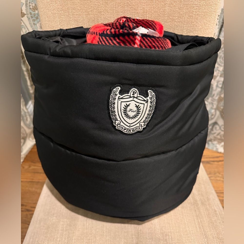 PINK black tote and Victoria’s Secret red and black checked blanket. NWT!